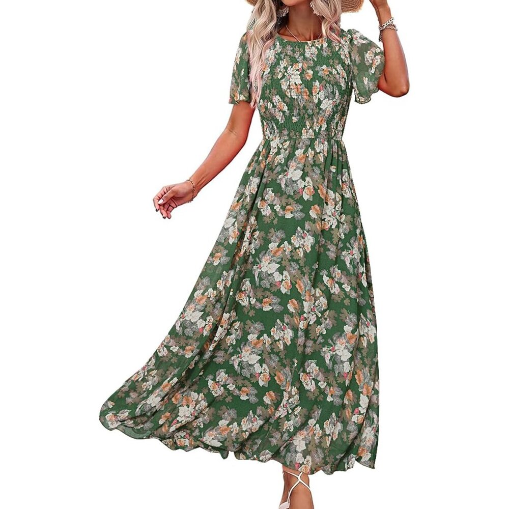 Women's  Floral Aqua Chiffon Flowy Flutter Short Sleeve Crew Neck Summer Maxi